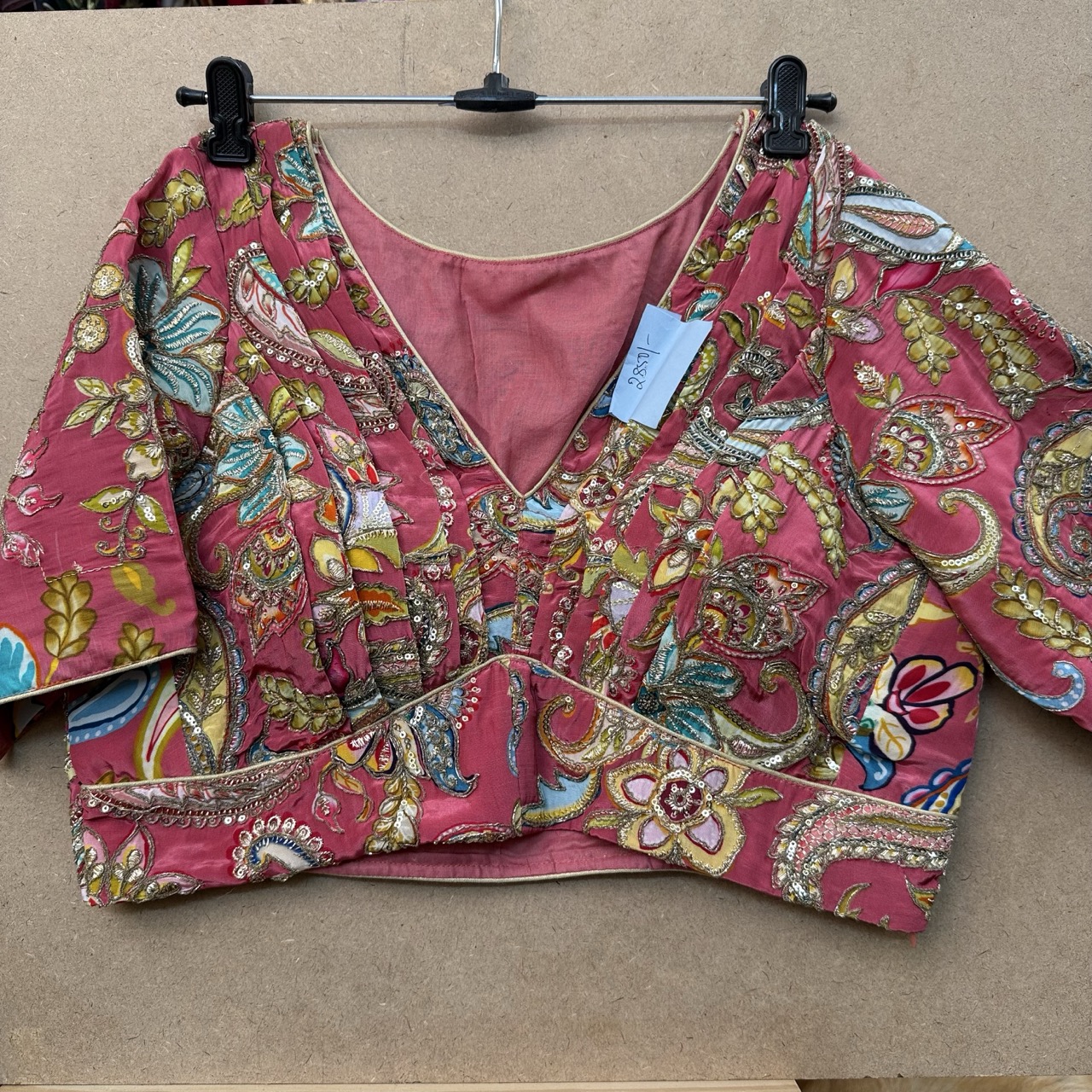 Pink kalamkari silk blouse with side zip