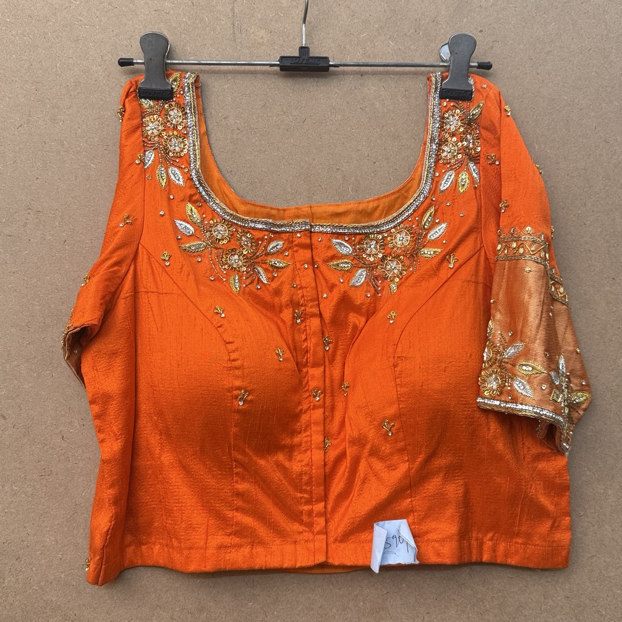 Reddish orange silk maggam work blouse