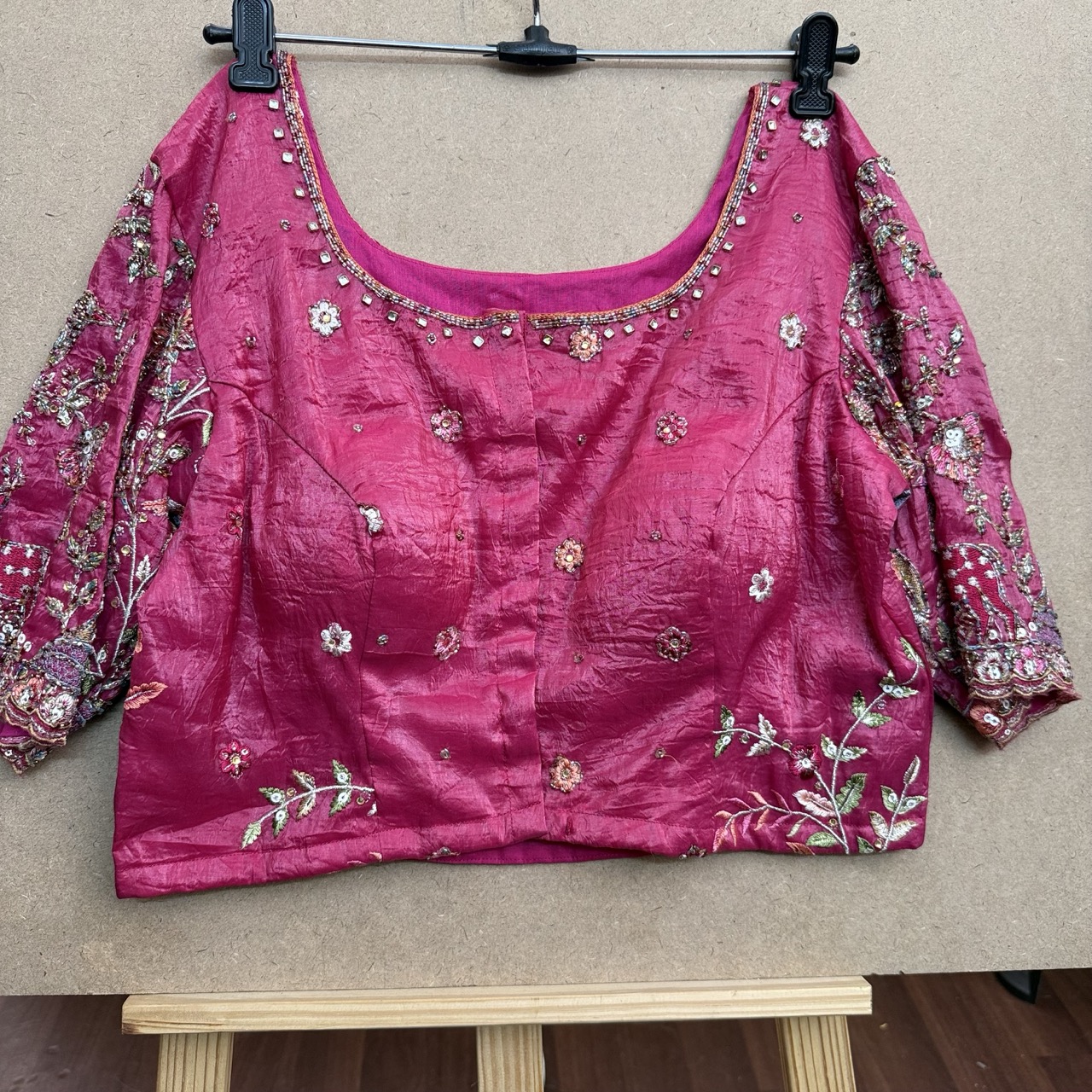 Deep Rose pink tissue maggam blouse