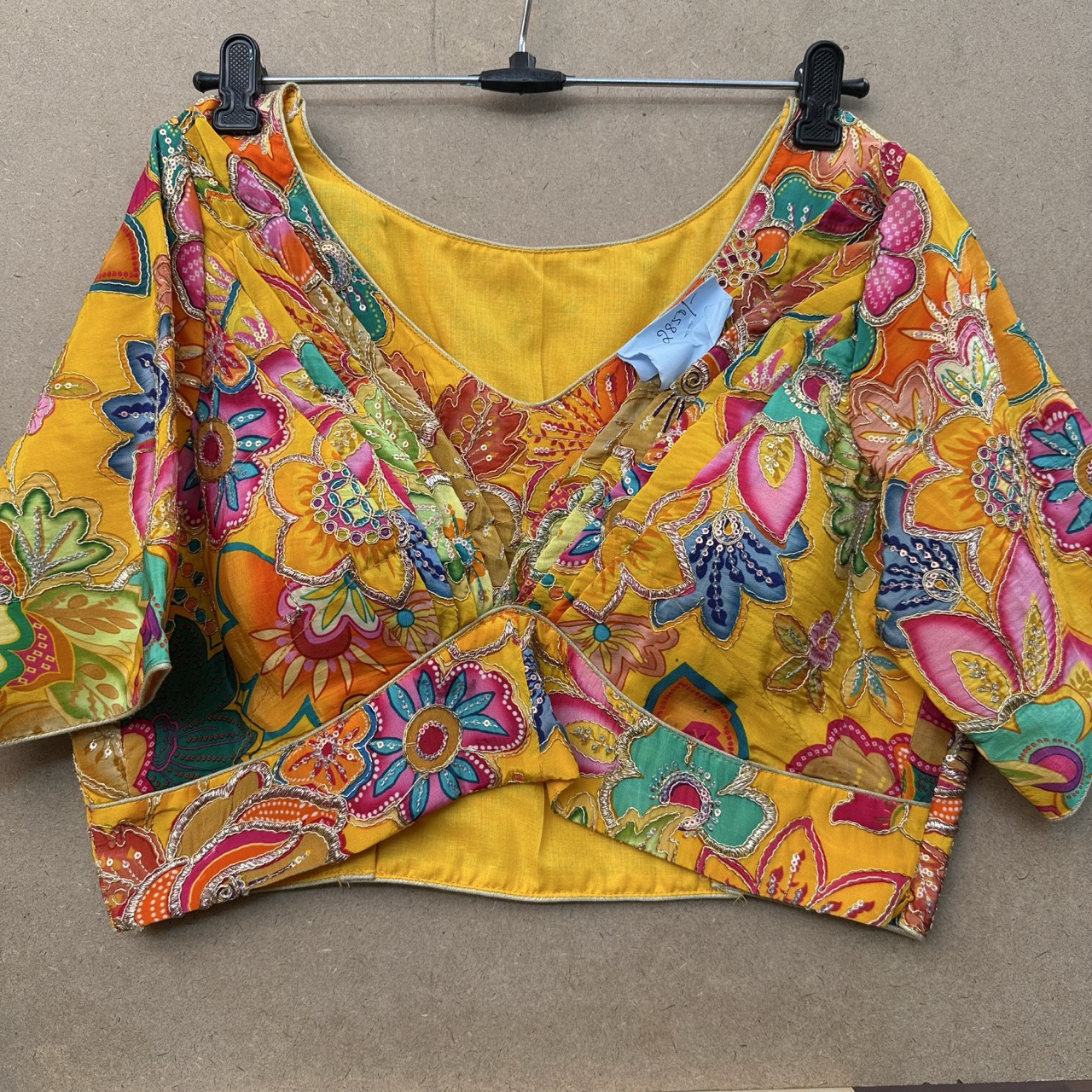 yellow silk kalamkari blouse with side zip