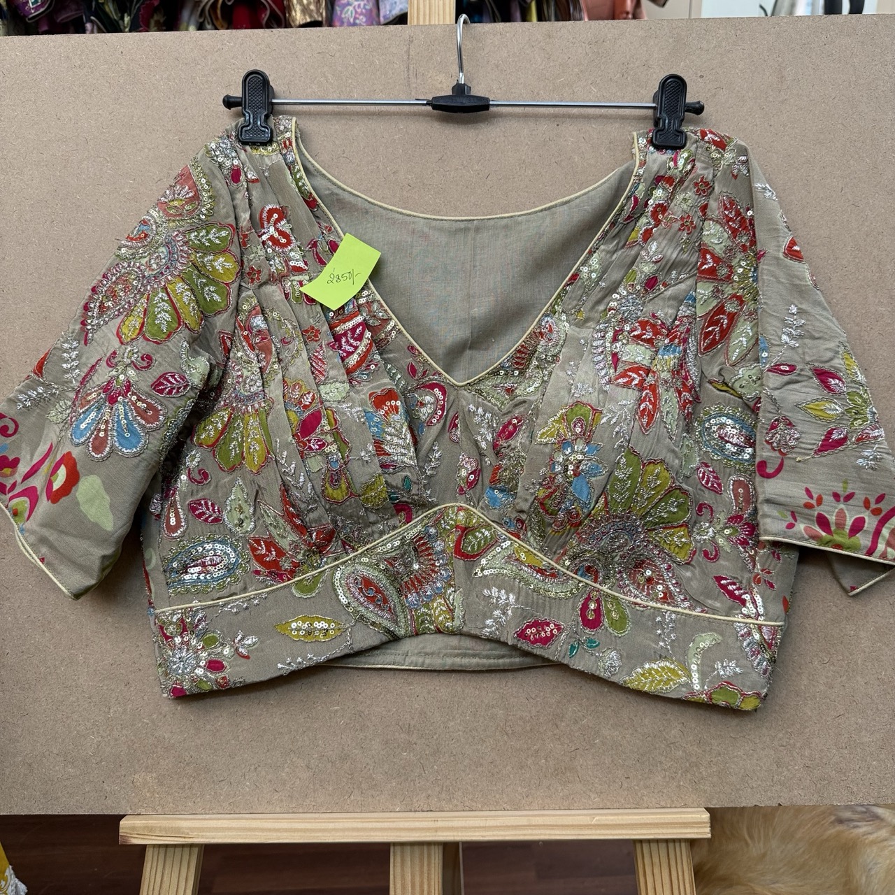 greenish grey silk kalamkari blouse with side zip